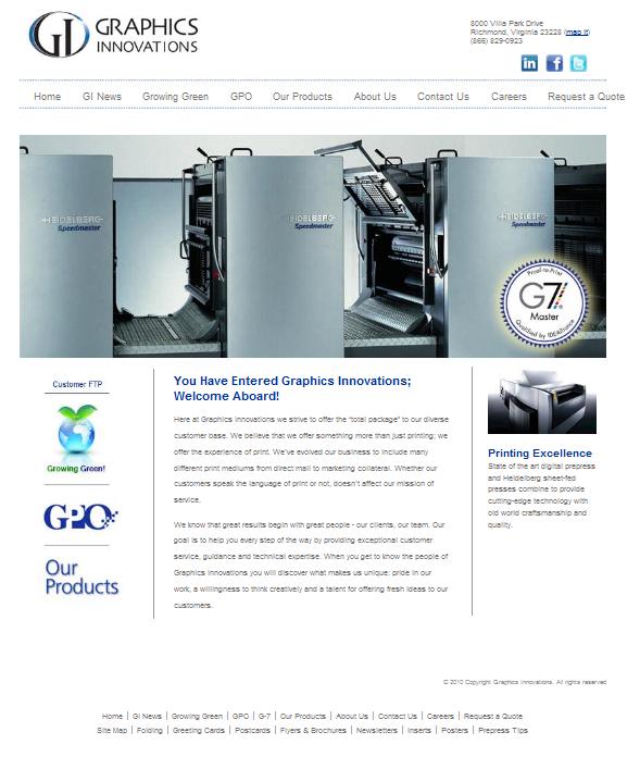 screenshot of Graphics Innovations.com. Top of page shows a grey Heidelburg speedmaster press